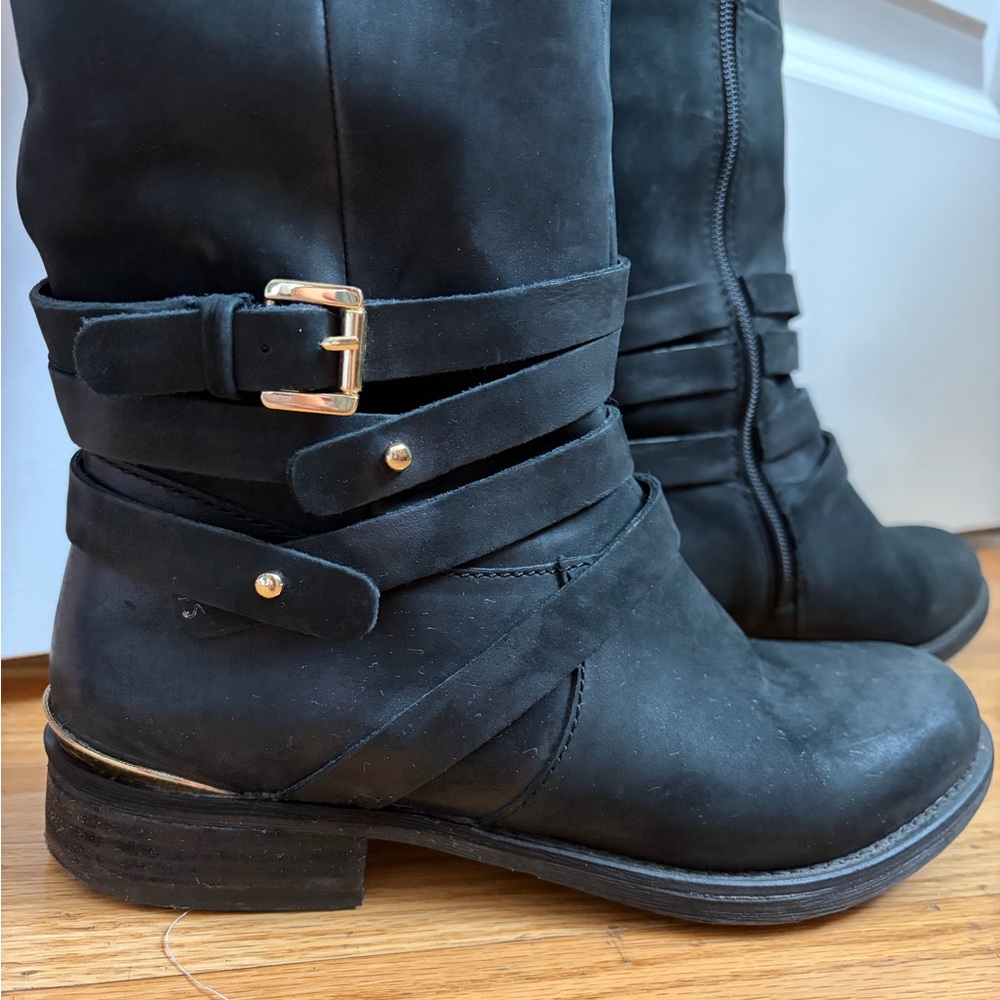 Steve Madden Albany Black Knee-High Boots with Gold Buckle - Picture 3 of 9